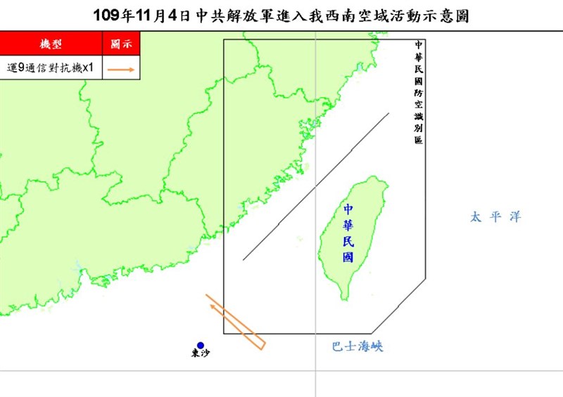 空軍4日發布共機動態,1架運9通信對抗機上午侵犯台灣西南防空識別區,空軍派遣空中兵力應對、防空飛彈追監。(圖取自國防部網頁mnd.gov.tw)