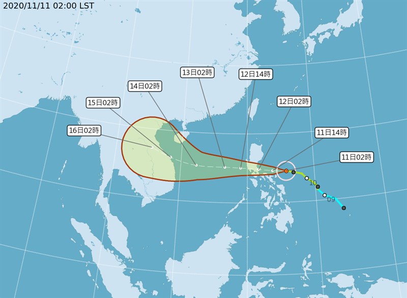 颱風梵高11日凌晨的中心位置在北緯14.5度,東經125.8 度,以每小時18公里速度,向西進行。(圖取自中央氣象局網頁cwb.gov.tw)