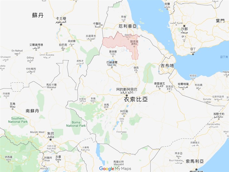 衣索比亞政府消息人士透露,北部泰格瑞省的衝突持續升高,已奪走數百人命。圖中紅色區域為泰格瑞省。(圖取自Google Maps網頁google.com.tw/maps)