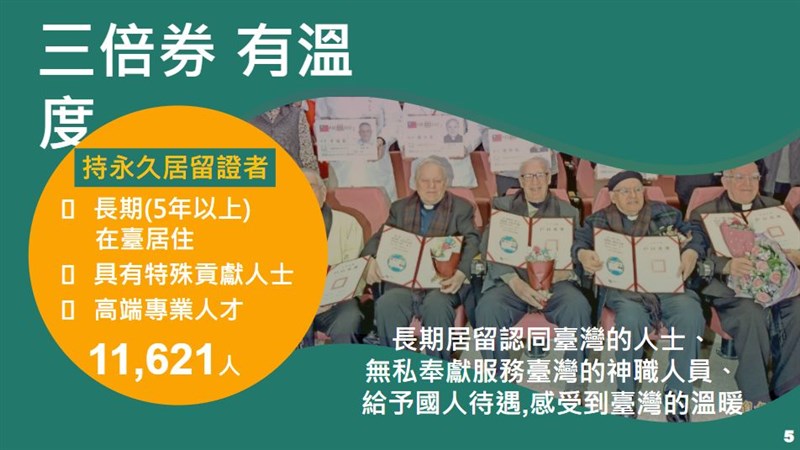 行政院長蘇貞昌12日指出,經秘書長李孟諺多次邀集相關部會研商後確認可行,因此,增列持有「有效永久居留證者」及「外交官員證者」為三倍券領取對象,在16日起開始領取。(經濟部提供)