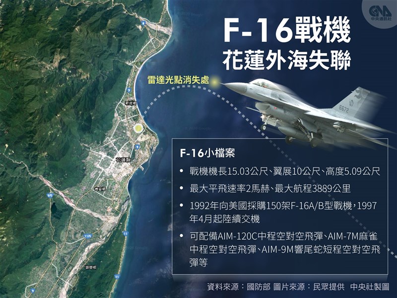 上校蔣正志所駕駛F-16戰機11月17日晚間在花蓮外海失聯,至今未尋獲。(中央社製圖)