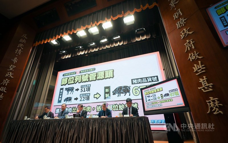 政府110年元旦起將開放萊豬進口。衛福部26日在行政院會提出赴美查廠、新增貨號、逐批查驗、清楚標示、嚴格稽查等5項機制,未曾進口來台的肉品廠要經查廠才能進口,豬肉貨號也將比照牛肉,從現行22項新增到67項。中央社記者裴禛攝 109年11月26日