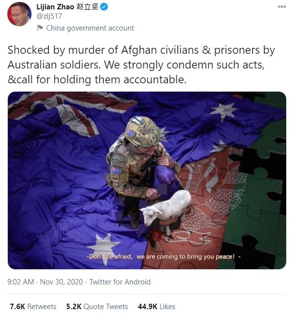 針對中國外交部發言人趙立堅在推特張貼的「澳軍持刀脅迫阿富汗兒童」的繪圖,官媒人民日報1日文章批澳方要求道歉是「搞雙重標準」。(圖取自twitter.com/zlj51)