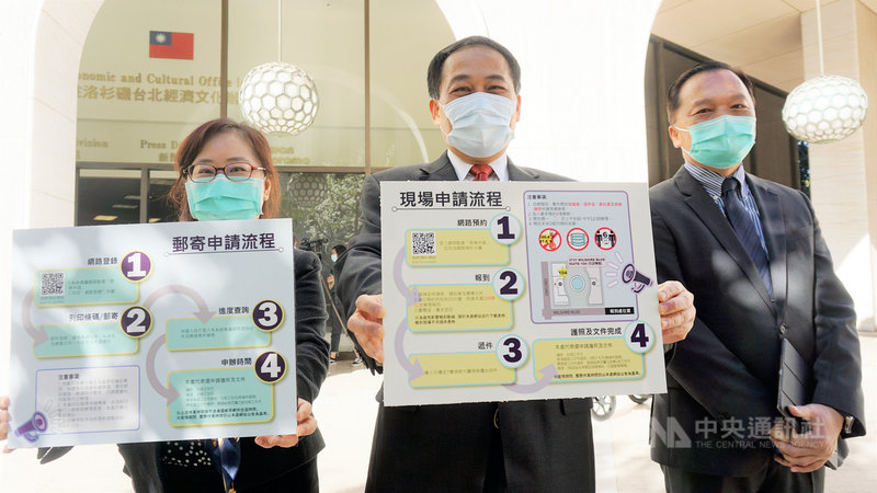 駐洛杉磯台北經濟文化辦事處長黃敏境(中)、副處長林暉程(右)1日向媒體說明「領務網路預約及登錄查詢系統」。中央社記者林宏翰洛杉磯攝 109年12月2日