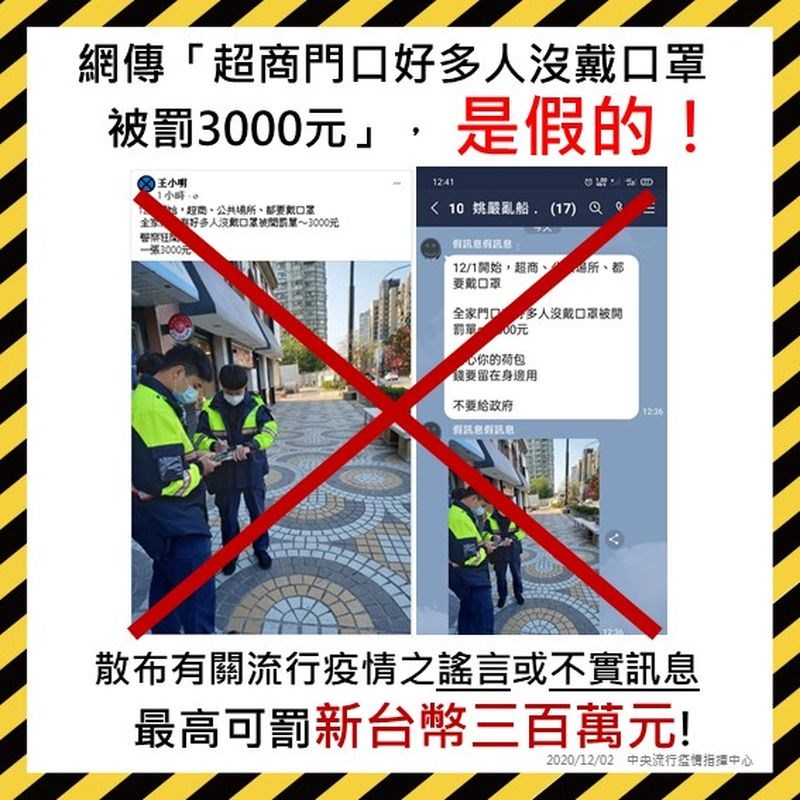 有謠言在通訊軟體及社群媒體流傳,所述「12/1開始,超商、公共場所都要戴口罩,好多人因沒戴口罩,警察於某超商門口開罰單~3000元」;指揮中心2日深夜闢謠,此為不實訊息,請勿轉傳。(圖取自疾管署網頁cdc.gov.tw)