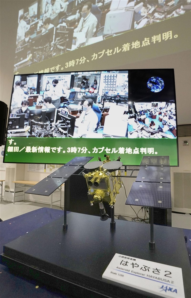 日本宇宙航空研究開發機構開發的探測機「隼鳥2號」(Hayabusa 2),成功將可能藏有生命起源解答的密封艙送回地球。圖為隼鳥2號模型。(共同社)