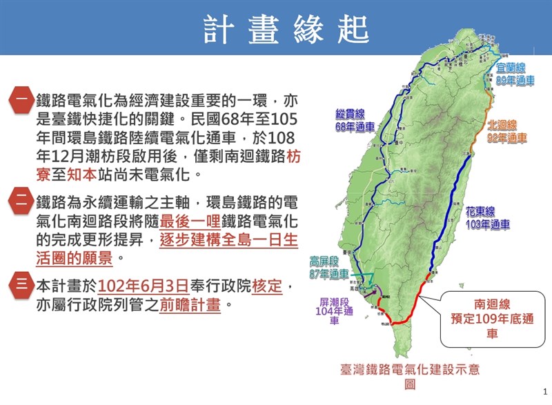 歷經7年多艱辛打造,環島鐵路電氣化路網最後一哩路,南迴鐵路台東知本到屏東枋寮段已完工。(交通部提供)
