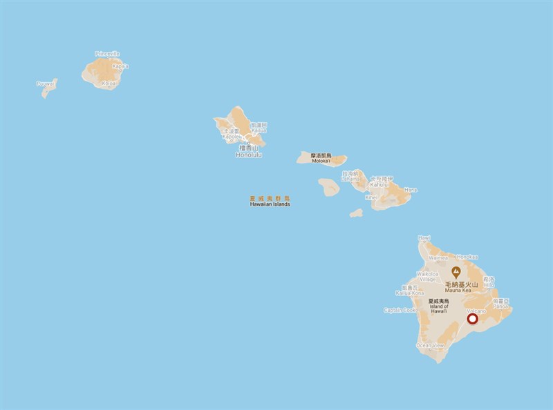 幾勞亞火山(圖右下角紅圈處)位於夏威夷大島東南方。(圖取自Google地圖google.com/maps)