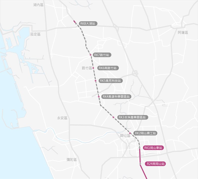 行政院核定高雄捷運岡山路竹延伸線計畫,高雄市捷運局長吳義隆5日表示,可望於12月底前動工興建。圖為高雄捷運岡山路竹延伸線(灰色段)規劃。(圖取自高雄捷運工程局網頁mtbu.kcg.gov.tw)
