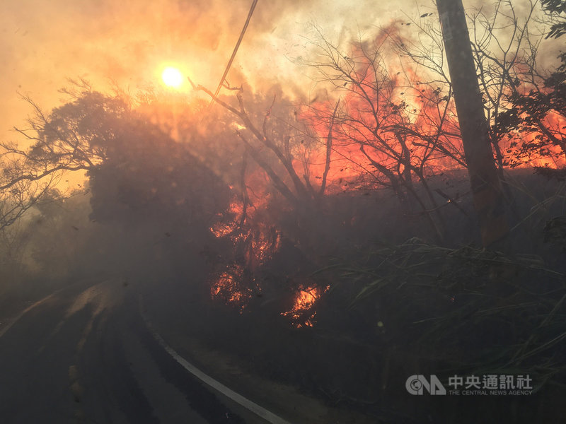苗栗縣消防局表示,1日下午3時41分接獲通報指通霄鎮內島里法華寺往山上方向發生雜草火警,通霄分隊人車抵達時火勢明顯擴大,因此陸續加派西湖、苑裡分隊及義消前往支援,火燒山面積約2公頃。(苗栗縣政府消防局提供)中央社記者魯鋼駿傳真 110年1月1日