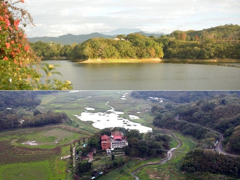 豐水期沒有雨,明德水庫幾乎見底,集水區內原本應該是被水庫包圍的「永春宮」(上圖),周邊目前都幾近乾涸(下圖)。(上圖取自苗栗縣頭屋鄉公所網頁touwu.gov.tw,下圖為中央社記者吳家昇攝 110年1月2日)