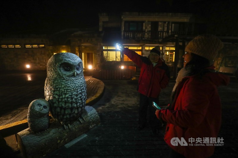 寒流襲台,太平山國家森林遊樂區7日晚間開始陸續下雪,太平山莊前的貓頭翁雕像因為積雪而披上ㄧ層白色外衣。中央社記者王騰毅攝 110年1月7日