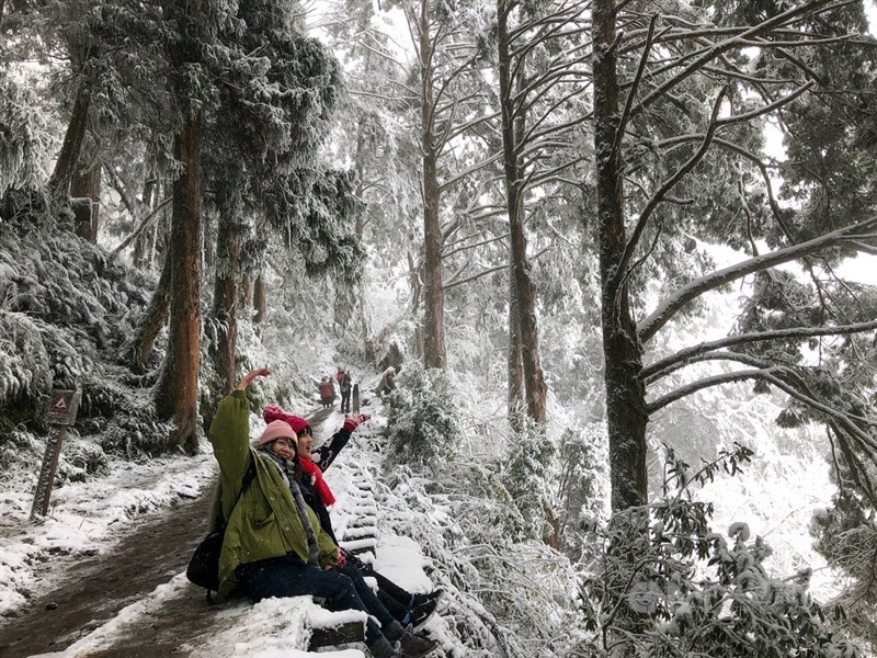 寒流襲台,宜蘭太平山國家森林遊樂區8日降雪,熱門景點見晴懷古步道化身夢幻銀白世界,吸引不少遊客造訪賞雪,並開心拍照留念。中央社記者王騰毅攝 110年1月8日