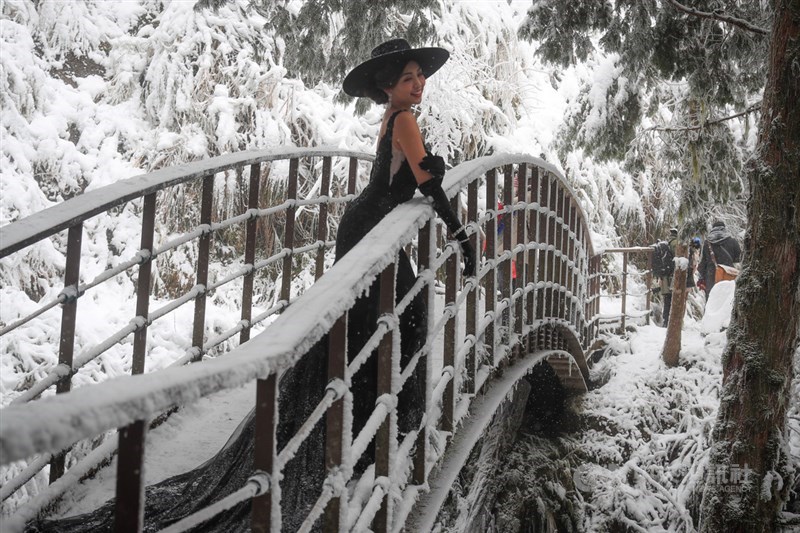 海拔約1900公尺高的太平山國家森林遊樂區7日晚間起因寒流下雪,吸引不少遊客來訪,有民眾8日特地到見晴古道拍照,一眼望去,宛如置身在銀白世界。中央社記者吳家昇攝 110年1月8日