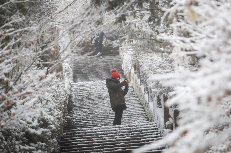 太平山國家森林遊樂區8日清晨積雪變厚,遊客喜迎銀白世界。中央社記者吳家昇攝 110年1月8日