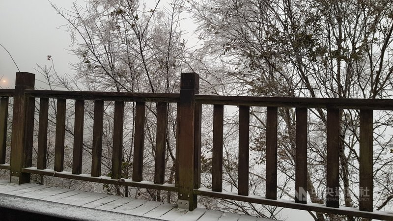 新竹縣尖石鄉8日陸續有降雪情形,步道覆蓋白雪,宛如置身在銀白世界。(新竹縣政府提供)中央社記者郭宣彣傳真 110年1月8日