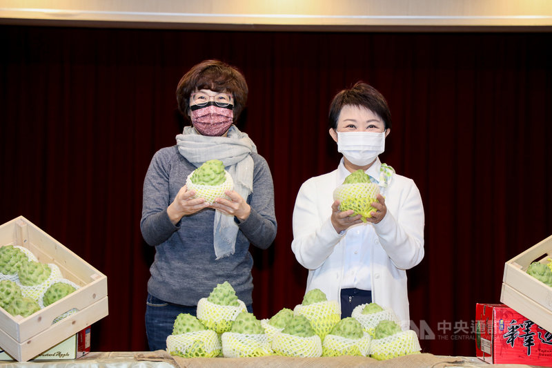 台東鳳梨釋迦正值產期,台中市長盧秀燕(右)15日陪同台東縣長饒慶鈴(左)在中市府前廣場行銷,希望台中市民都能品嚐台東鳳梨釋迦的美味。中央社記者郝雪卿攝 110年1月15日