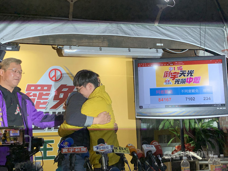 民進黨籍桃園市議員王浩宇罷免案16日投票,桃園市選委會晚間完成計票,結果同意票數8萬4582票、不同意票7128票,「罷王」通過。罷王總部執行長邱仁德(右2黑衣)與罷免案領銜人唐平榮(右黃衣)在「罷王」成功後,開心緊擁致意。中央社記者葉臻攝 110年1月16日