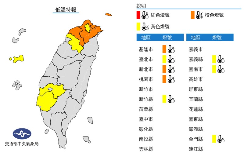 氣象局16日持續發布8縣市低溫特報及低溫燈號,基隆市、新北市、桃園市,可能持續出現10度左右或以下低溫。(圖取自氣象局網頁cwb.gov.tw)