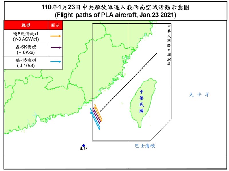 空軍23日發布共機動態,為1架運8反潛機、8架轟6K、4架殲166侵犯台灣西南防空識別區(ADIZ),是今年最大規模的擾台。(圖取自國防部網頁mnd.gov.tw)