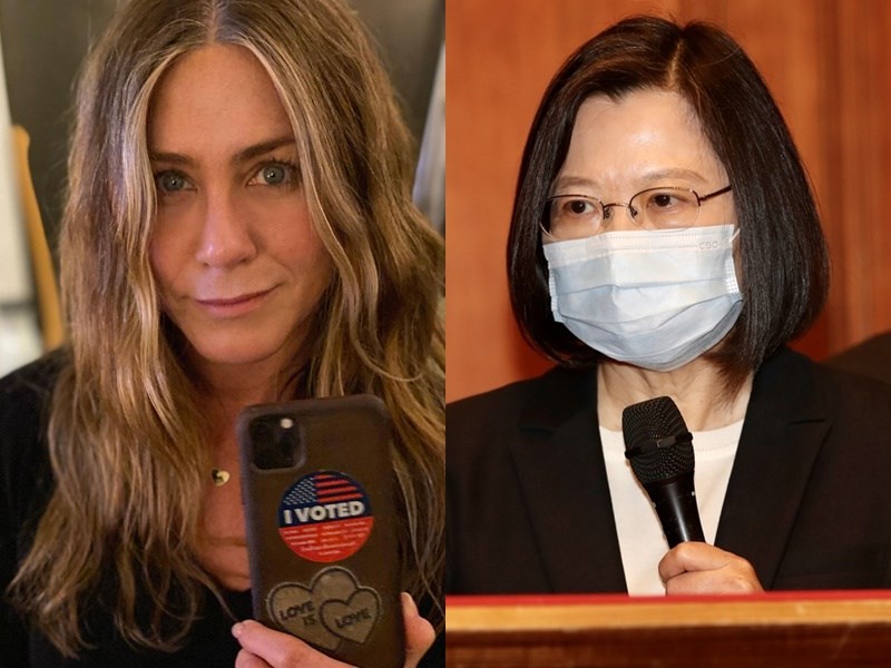 珍妮佛安妮斯頓(左)29日在IG限時動態放上總統蔡英文(右)等數張女性領袖的照片,並表示「賦予女性權力,改變世界」。(左圖取自instagram.com/jenniferaniston;右圖為中央社檔案照片)