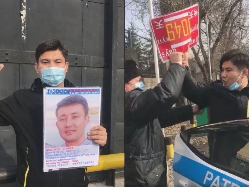 哈薩克社運人士昆波拉特1日在中國駐阿拉木圖總領事館前進行單人示威時被捕。人權團體阿塔珠爾特志願者組織擔心反中暴行情緒高漲,恐引發動亂。(圖取自昆波拉特臉書facebook.com)