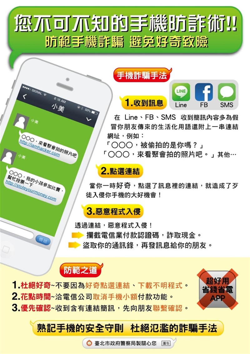 警方4日指出,近來釣魚簡訊詐騙頻傳,有歹徒假冒國泰世華銀行隨機發送詐騙簡訊,偽稱民眾銀行帳戶異常需登入綁定,呼籲民眾牢記不要點選不明連結等「2不2 要」原則。(台北市警察局刑事警察大隊提供)中央社記者黃麗芸傳真 110年2月4日