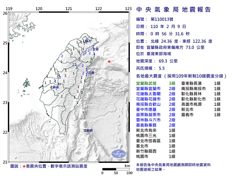 台灣東部海域9日0時56分發生芮氏規模5.5地震,最大震度宜蘭縣3級。(圖取自氣象局網頁www.cwb.gov.tw)