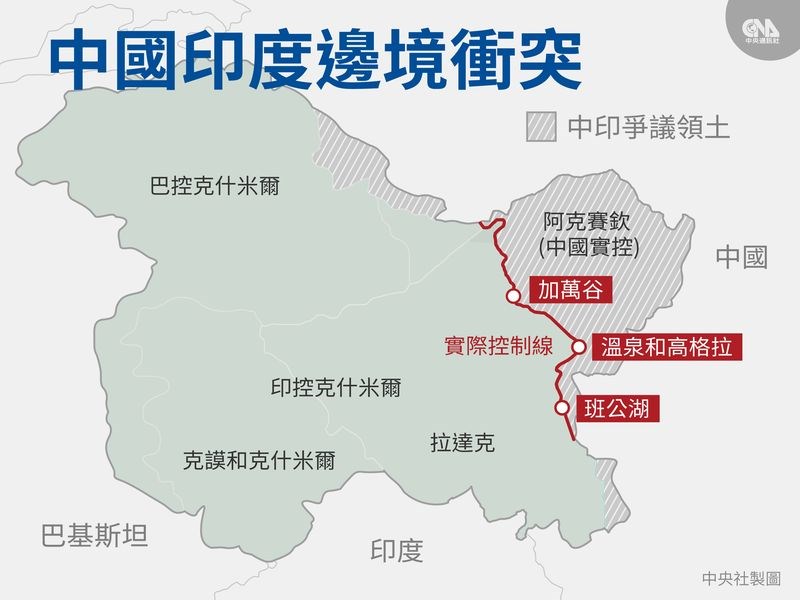 印度與中國部隊2020年年5月初在拉達克東部發生對峙與衝突後,雙方6月15日在拉達克加萬谷發生45年以來的首次死傷衝突。(中央社製圖)