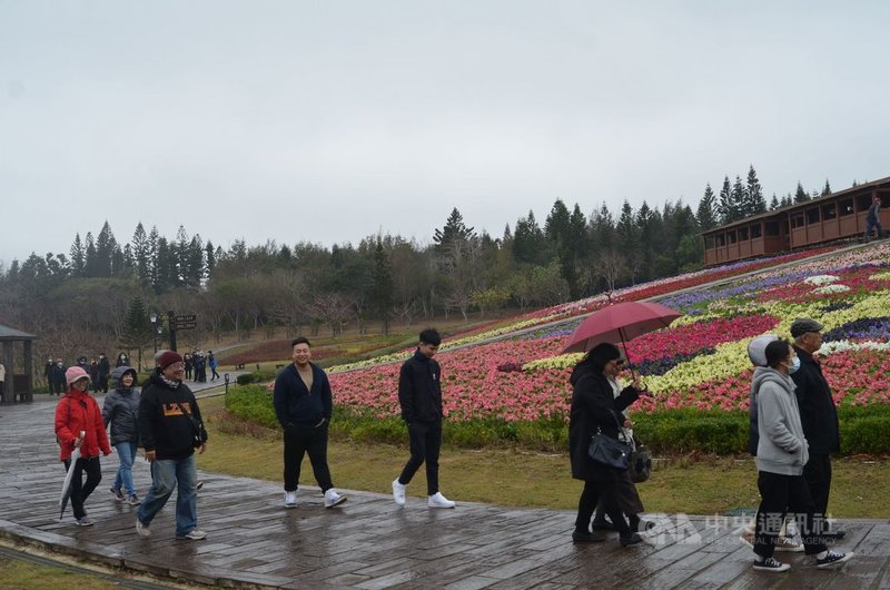 12日是大年初一,澎湖天氣濕答答,馬公菜園休憩園區的花海,賞花人潮仍絡繹不絕,還可領到澎湖縣政府所提供「牛轉乾坤」福袋,讓牛年新春充滿著喜氣。中央社 110年2月12日