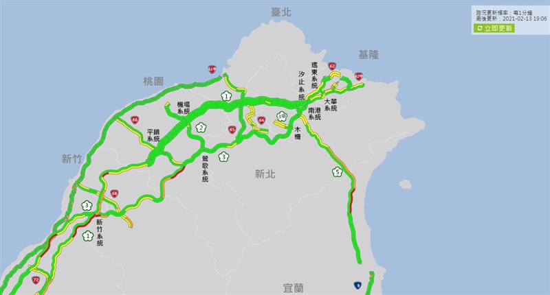 13日大年初二,國道5號北向宜蘭至坪林下午呈現壅塞狀態,高公局預估將持續到晚間11時。(圖取自高速公路1968網頁1968.freeway.gov.tw)