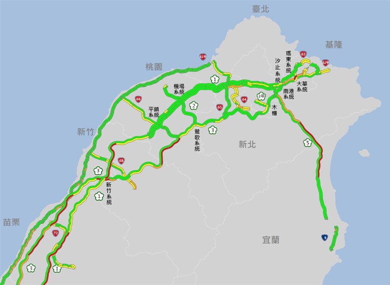 交通部高公局表示,截至14日傍晚5時,國5北向宜蘭-坪林仍呈現壅塞狀態,預估可能到15日凌晨才會紓解。(圖取自高速公路1968網頁1968.freeway.gov.tw)