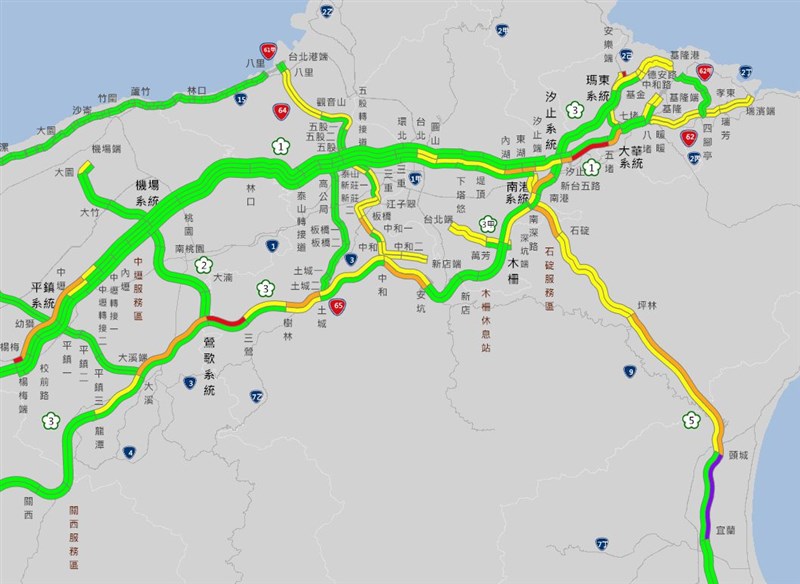 交通部高速公路局預計,15日下午起包括國1北向西螺-埔鹽系統、南屯-后里、國5北向宜蘭至坪林等11路段,可能出現車多情形。(圖取自高速公路1968網頁1968.freeway.gov.tw)