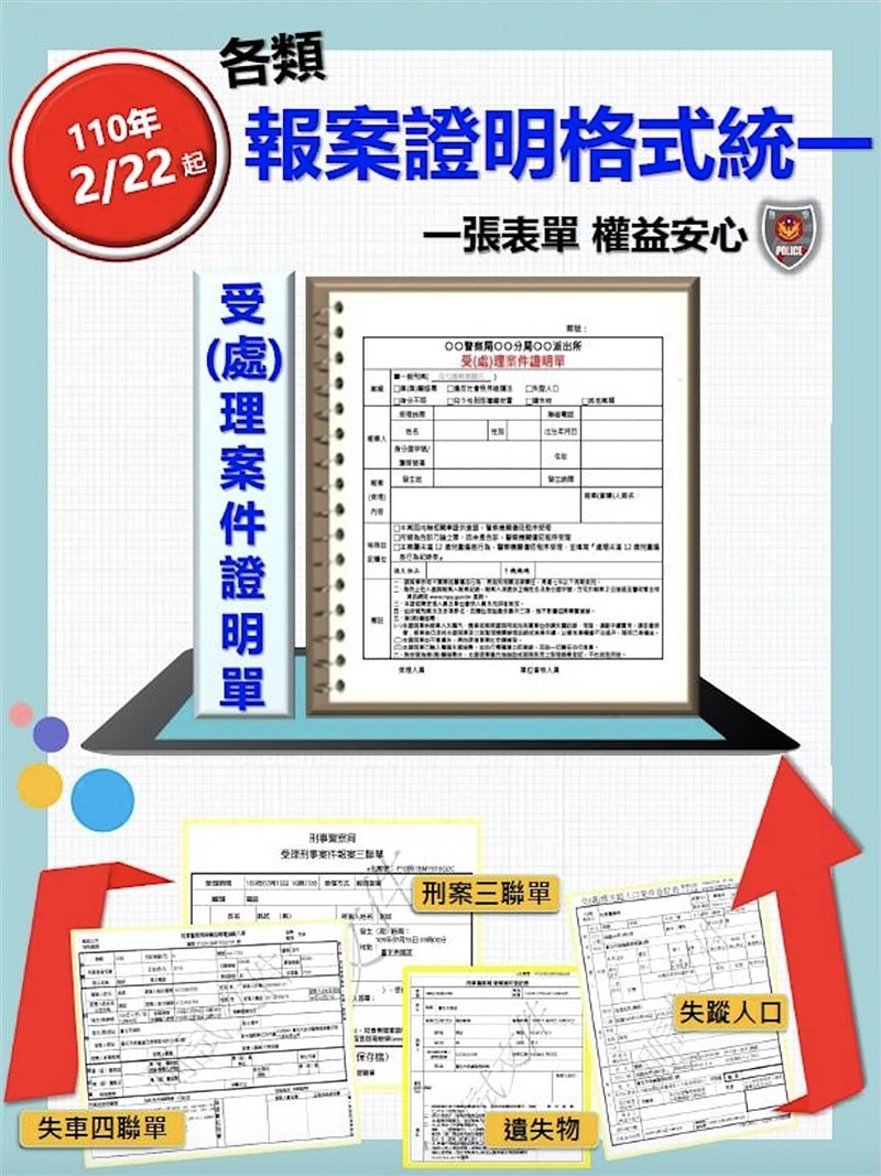 警政署為化解民眾長期以來對「三聯單」的迷思,簡化報案流程,未來報案證明採用統一格式的案件證明單,22日起全面試辦,3月1日正式實施。(苗栗縣警察局提供)中央社記者管瑞平傳真 110年2月22日