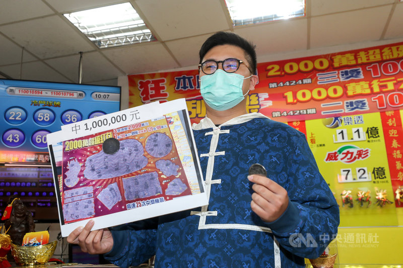 台北市大同區一間彩券行在15日開出「2000萬超級紅包」刮刮樂三獎新台幣100萬元,得獎人23日現身彩券行分享喜悅。中央社記者裴禛攝 110年2月23日