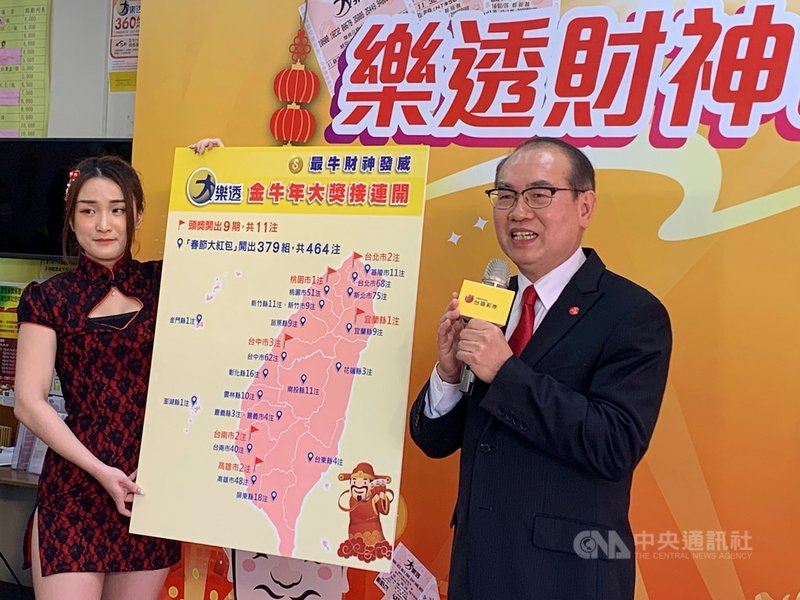 台灣彩券公司總經蔡國基(右)25日南下高雄說明金牛年財神爺眷顧全國民眾,北、中、南、東各地都有頭獎幸運兒。中央社記者王淑芬攝 110年2月25日