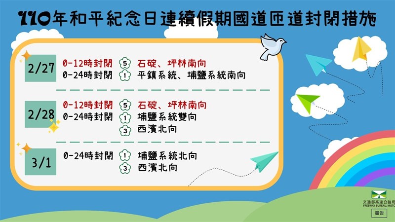 公路總局公布228連假期間國道匝道封閉措施。(圖取自facebook.com/hi.freeway)