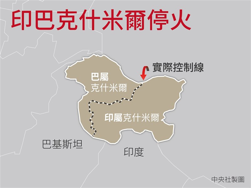 印度與巴基斯坦同意於25日凌晨零時起,在克什米爾印巴控制線沿線停火。(中央社製圖)