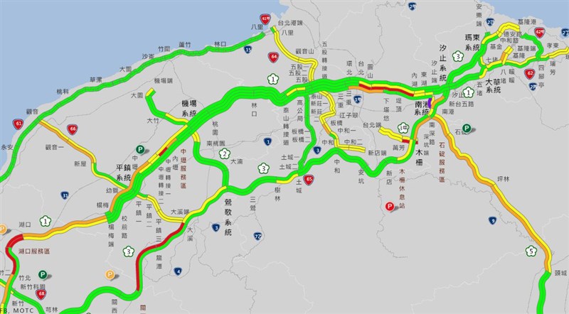 二二八連假首日,據高速公路局路況資訊,27日午後國3往國5仍有回堵,且大塞車,南港系統路段車速降到僅時速10公里。(圖取自高速公路1968網頁1968.freeway.gov.tw)