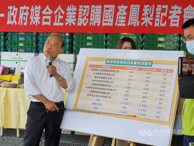 行政院長蘇貞昌(左)28日到屏東縣高樹鄉出席政府媒合企業認購國產鳳梨記者會,強調台灣今年銷往日本的鳳梨數量正增加中。中央社記者郭芷瑄攝 110年2月28日