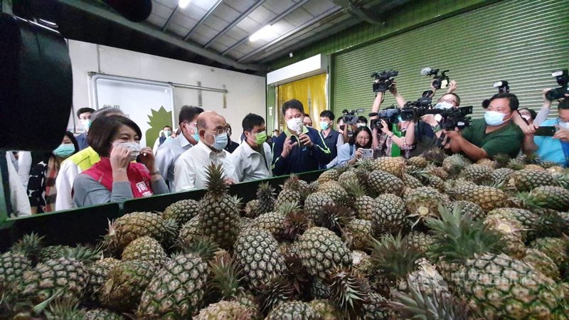 行政院長蘇貞昌(前左2)28日到屏東縣高樹鄉綠地合作社出席「政府相挺 農友放心」政府媒合企業認購國產鳳梨記者會,並參觀合作社的鳳梨輸出運作流程。中央社記者郭芷瑄攝 110年2月28日
