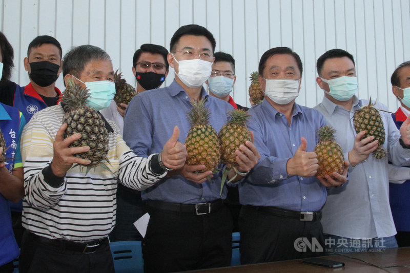 國民黨主席江啟臣(前左2)1日到台南市關廟區與鳳梨農民座談時表示,將聯合國民黨執政的14個縣市協助行銷,支持台灣農業及農民。中央社記者楊思瑞攝 110年3月1日