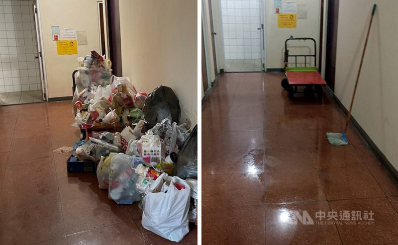 暨南大學櫻花美景吸引大批遊客造訪,但卻有遊客疑似擅闖管制區且亂丟垃圾,校方已派員完成清潔,同時呼籲遊客勿闖入未開放教學區域與刷卡管制區。圖為清潔前後對比畫面。(暨南大學提供)中央社記者蕭博陽南投縣傳真 110年3月1日