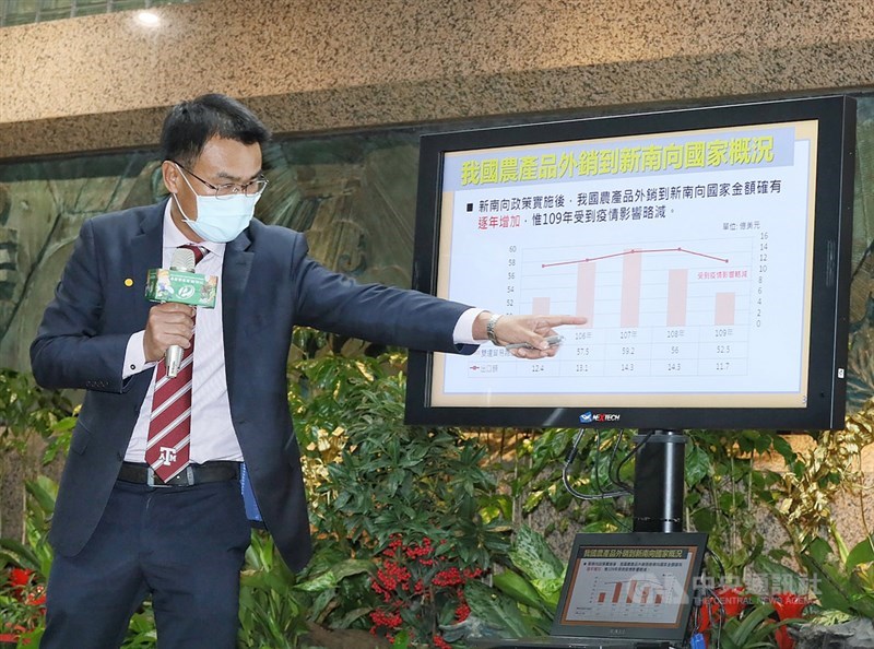 農委會2日下午召開「我國農產貿易相關作為說明」記者會,主委陳吉仲出席說明台灣農產品外銷新南向國家成長數據,外銷金額顯示為逐年增加,僅109年受疫情影響略減。中央社記者郭日曉攝 110年3月2日
