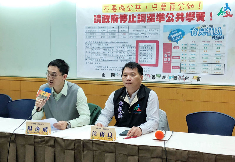 政府推動準公共化幼兒園政策即將滿3年,全國教師工會總聯合會2日舉行記者會,質疑教育部擬放寬「準公幼」收費的合作標準級距,等於變相讓業者漲學費,呼籲政府逐年調降準公共的補助,將資源投入增加真公幼。中央社記者陳至中台北攝 110年3月2日