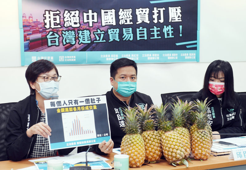 中國暫停進口台灣鳳梨,民眾黨立委蔡壁如(左起)、邱臣遠、高虹安等,3日在立法院舉行記者會,呼籲台灣建立貿易自主性,執政黨應積極提出解決方案,並正告中國切勿以農業貿易作為政治手段。中央社記者施宗暉攝 110年3月3日