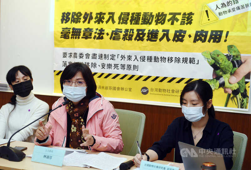 民進黨立委林淑芬(中)3日在立法院舉行「移除外來入侵種動物不該毫無章法」記者會,指政府未規範外來種移除方式,導致虐殺、任意食用的情事,呼籲政府制定規範。中央社記者施宗暉攝 110年3月3日