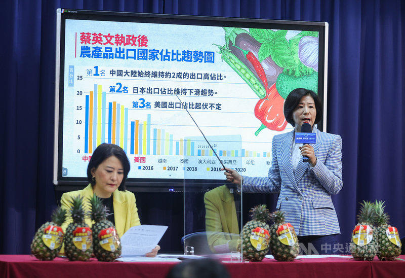 國民黨4日舉行「台農發神隱失能 農產新南向失敗」記者會,文傳會主委王育敏(右)、副主委王鴻薇(左)等人出席。中央社記者謝佳璋攝 110年3月4日