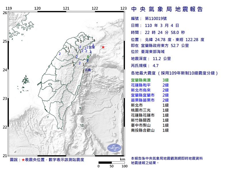 台灣東部海域4日晚間10時24分發生芮氏規模4.7地震,最大震度宜蘭縣3級。(圖取自中央氣象局網頁cwb.gov.tw)
