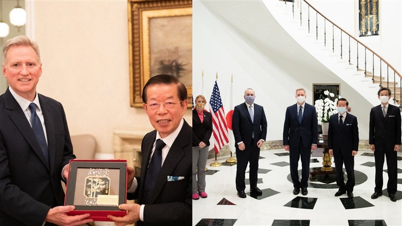 台北駐日經濟文化代表處代表謝長廷(左2)本週赴邀至美國駐日大使官邸交流。這是1979年台美斷交以來,美國官方首度邀請台灣駐日代表到官邸進行交流。(圖取自twitter.com/USAmbJapan)